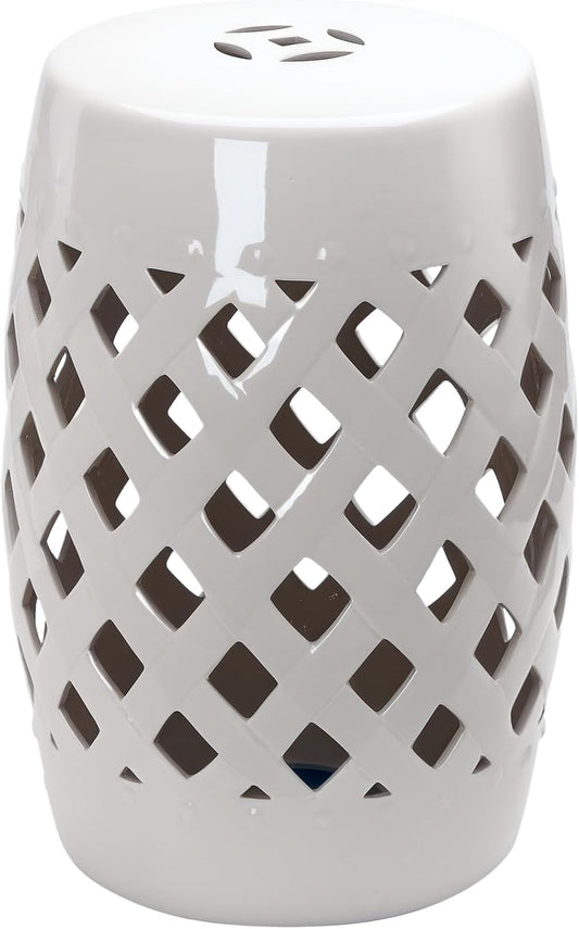 Outsunny 13" x 18" Ceramic Garden Stool with Woven Lattice Design & Glazed Strong Materials Decorative Outdoor Stool, White