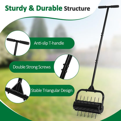 SMONTER Manual Lawn Aerator, 17” Heavy Duty Rolling Aerator Lawn Tool for Yard Garden, Aeration Tool with Spike Soil Penetrator