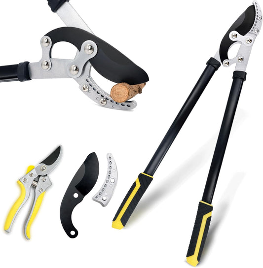 JARDINEER 3PCS Garden Shears Set, Include 30" Anvil Brach Cutter Loppers for Tree Trimming Heavy Duty with 2" Cutting Capacity, Bypass Pruner and Spare SK5 Blade