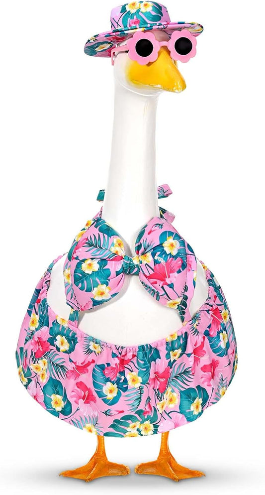 Summer Goose Outfit Porch Goose Outfits Bikini Goose Clothes Hawaiian Porch Goose Clothes for 23" Cement Plastic Goose Outdoor Garden Yard Patio Decor (Pink)