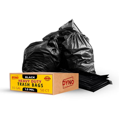 Dyno Products Online 55-Gallon, 1.5 Mil Thick Heavy-Duty Black Trash Bags, 50 Count - Large Garbage Liners (35W X 55L) Fits Huge Cans for Home Garden Lawn Yard Recycling Construction & Commercial Use