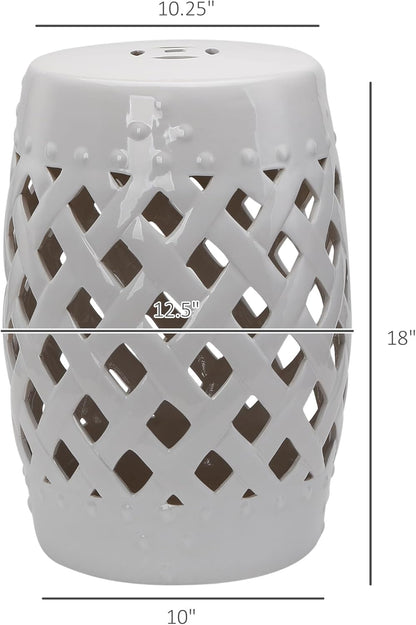 Outsunny 13" x 18" Ceramic Garden Stool with Woven Lattice Design & Glazed Strong Materials Decorative Outdoor Stool, White