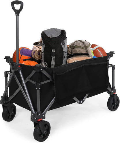 EAGLE PEAK Heavy-Duty Collapsible Folding Utility Wagon, All Terrain Garden Hand Cart with Large Size Pocket and Cup Holders for Sports, Beach, Camping, Garden, and Grocery, Black