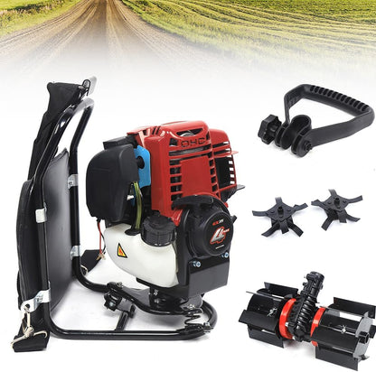 3 in 1 Multi-Function Tiller Cultivator 35.4CC 4 Stroke Backpack Brush Cutter,Gas Powered Hedge Trimmer Air-Cooled Single Cylinder Digging Tool for Garden, Yard and Farm Remove Weeds Soil Cultivation