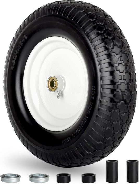 4.80/4.00-8" Wheelbarrow Tire, 16" Flat-Free Solid Tire and Wheel, 3-6" Centered Hub, 5/8" & 3/4"