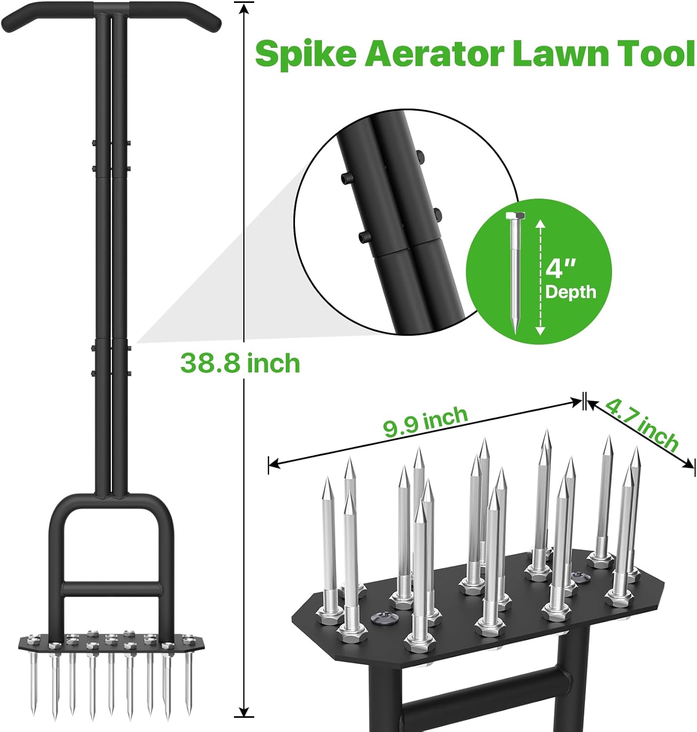 Lawn Aerator Spike Aeration Tool, Manual Air Aerator Tool for Lawn with Iron 18 Spikes, 38.8 Inch Hand Aerator for Grass, Yard, Heavy Duty Lawn Aerating Tool with Double-Pipe Handle, T-Grip, Black