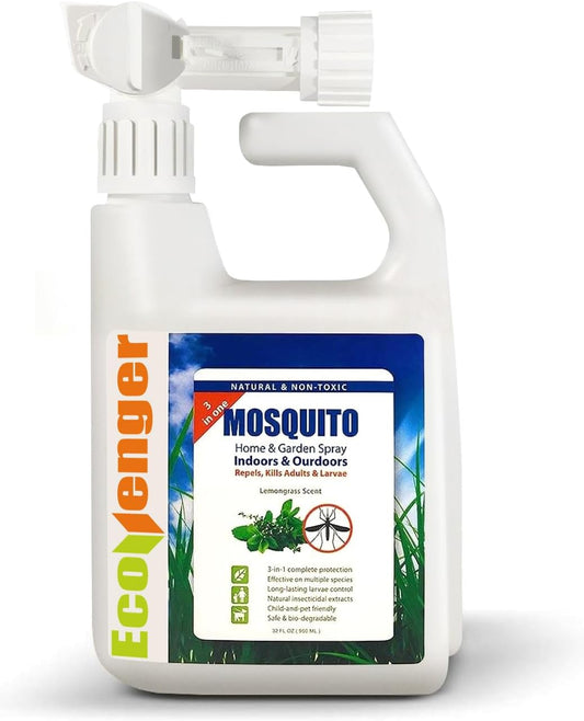 EcoVenger by EcoRaider Mosquito Control Triple-Action Hose-end Spray 32 oz, Kills Aphids, Gnats, Ticks, Kills All Stages + Larvae Control + Lasting Repellency, Citrus Scent, Non-Toxic Child-&-Pet-Safe