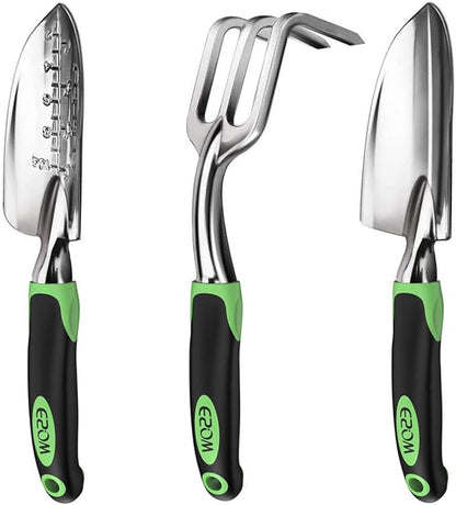 ESOW Garden Tool Set, 3 Piece Cast-Aluminum Heavy Duty Gardening Kit Includes Hand Trowel, Transplant Trowel and Cultivator Hand Rake with Soft Rubberized Non-Slip Ergonomic Handle, Garden Gifts