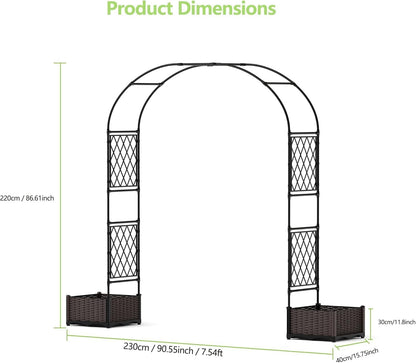 90.5" Garden Arbor with 2 Planter Boxes, PE Coated Metal Garden Arch Trellis for Climbing Plants, Decorative Archway Wedding Arch Frame, Weather-Resistant Arbor Trellis for Lawn Backyard Yard