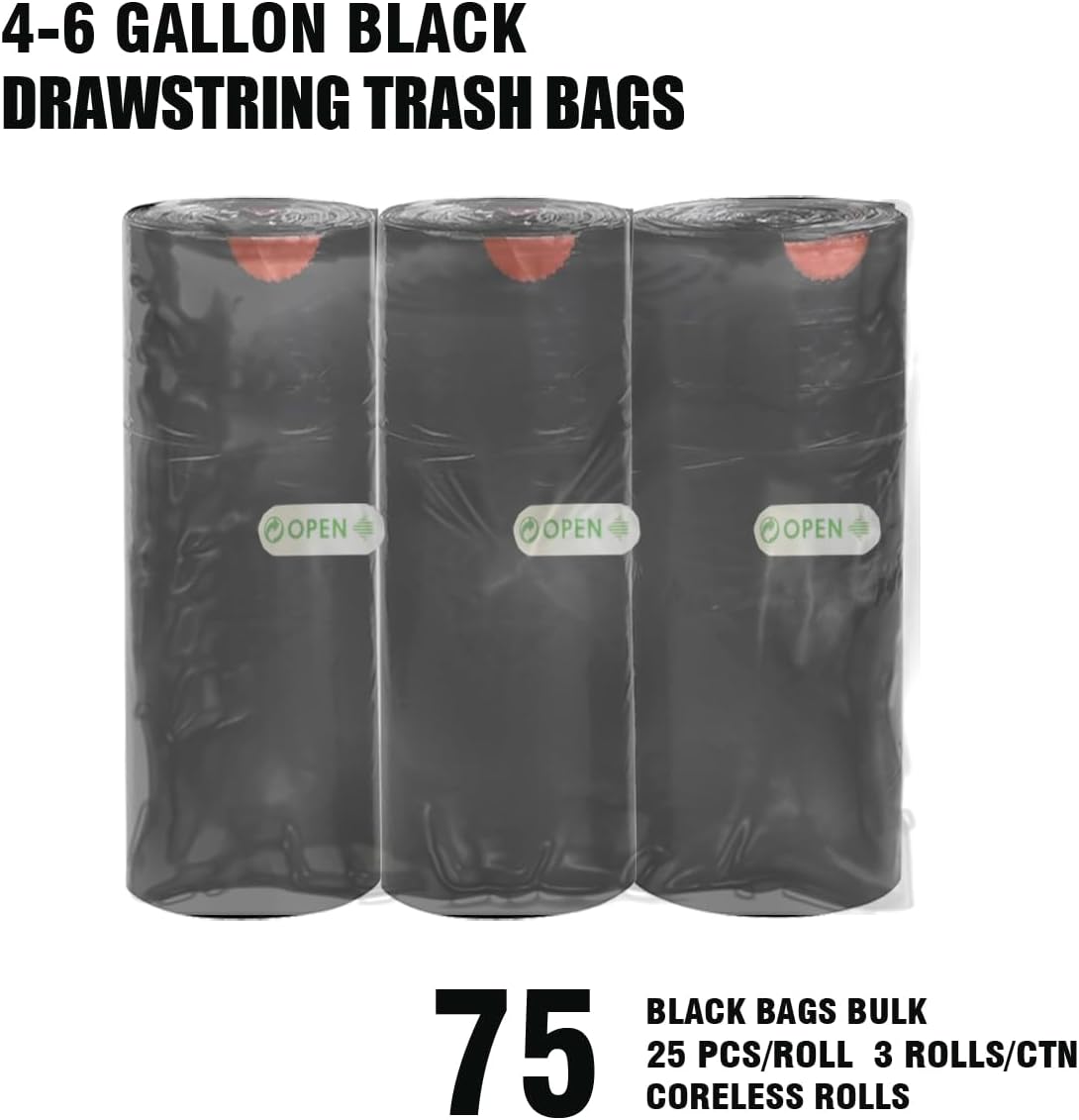4-6 Gallon Trash Bags Drawstring, 75 Count Bulk, Black & Unscented Multi-purpose Garbage Bags for Business Home Bathroom Kitchen Commercial and Industrial