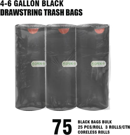 4-6 Gallon Trash Bags Drawstring, 75 Count Bulk, Black & Unscented Multi-purpose Garbage Bags for Business Home Bathroom Kitchen Commercial and Industrial