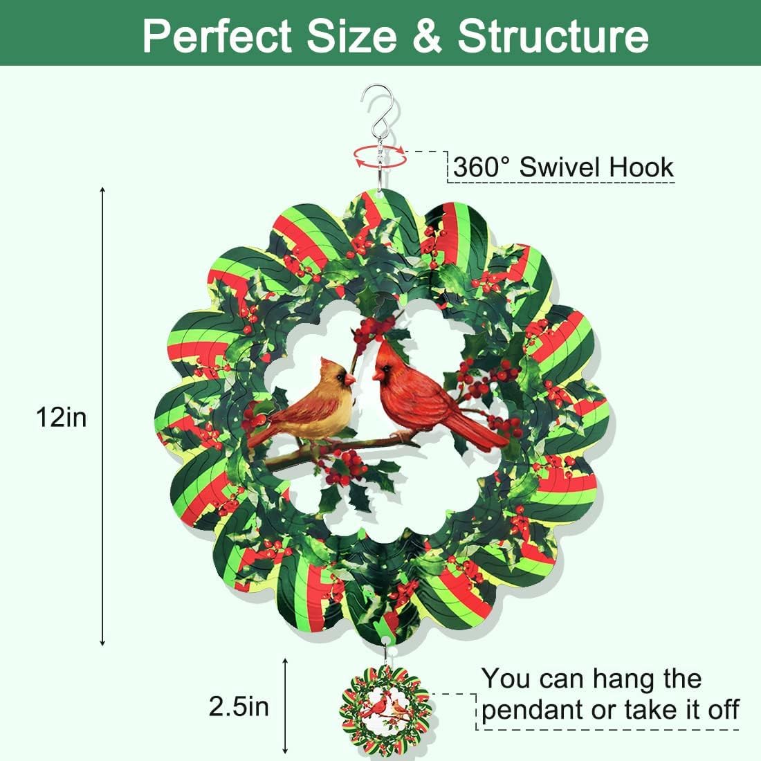 Cardinal Wind Spinner, 3D Wind Spinners Outdoor Metal Clearance, 12 Inches Green Garden Bird Spinner Hanging Yard Art, Large Colorful Spinning Wind Catcher, Wind Sculpture Spinifity Ornaments Gifts