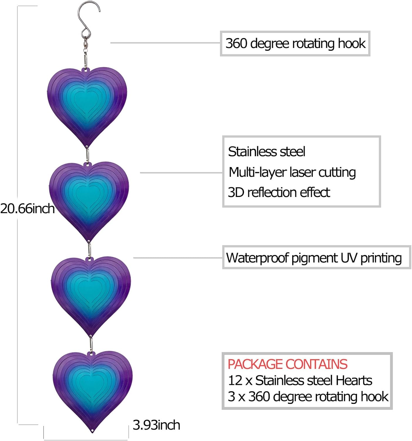 DJUAN Wind Spinners Outdoor Garden Decor,Purple-Green Heart Yard Lawn Ornaments Metal Wind Spinner with 360 Degree Swivel Hook, Christmas,Luau Party,Tropical Party Decorations,Gifts for Mom,Women