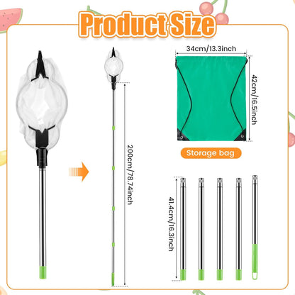 Fruit Picker Pole 6.5 FT Adjustable Pole with Soft Bag Fruit Catcher Equipment Tree Picker with Fruit Storage Bag for Apples Mango Pear Orange Avocados Fruit Picking(2m/6.56ft)