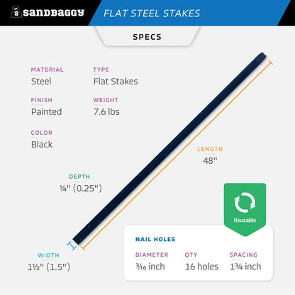 Sandbaggy Flat Steel Stakes for Concrete Forms with Nail Holes - 1.5" Wide - Painted - Removable, Reusable, V Point End - Construction Grade Stakes (25, 48 inch)