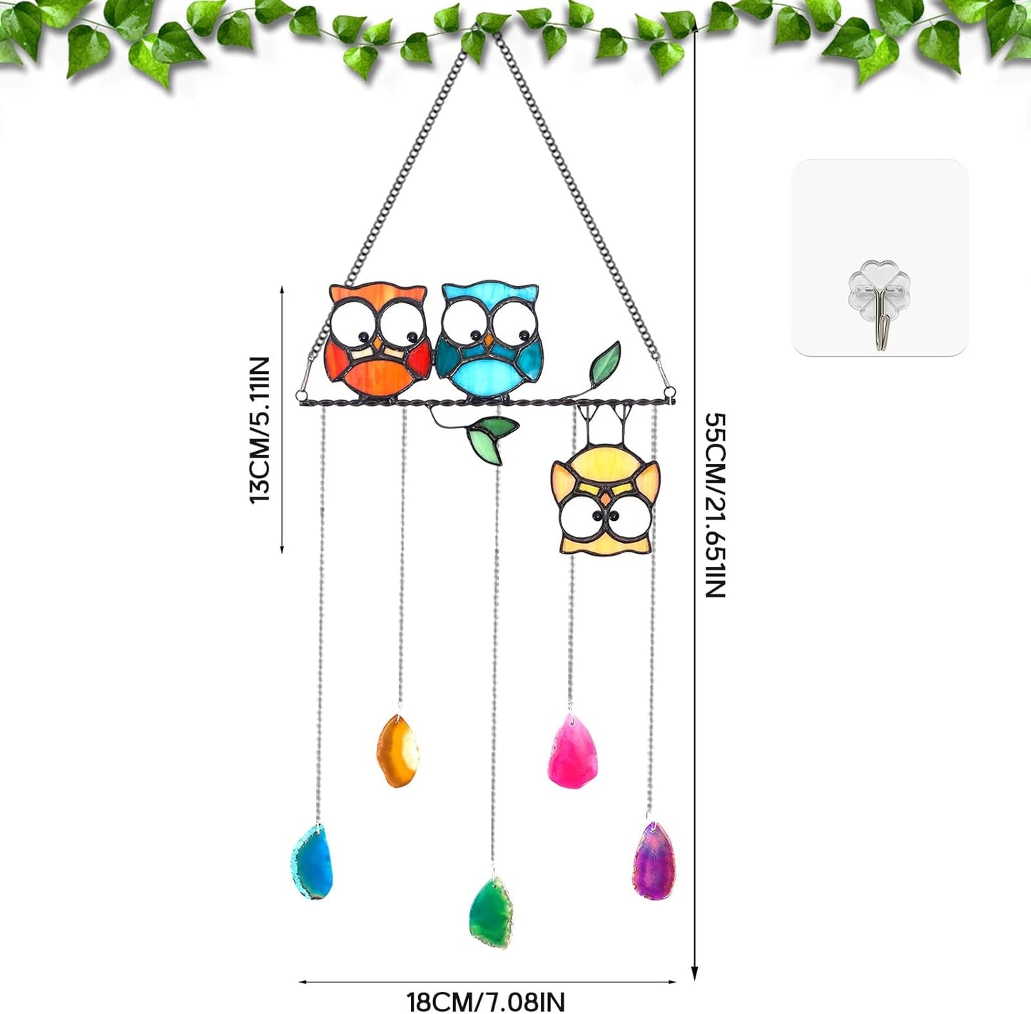 Stained Glass Multicolor Owl Suncatcher Panel with Agate Stones - Window Hanging Art for Garden & Indoor Decor - Vibrant Rainbow Maker Hummingbird Ornamentand Gift for Women and Bird Lovers