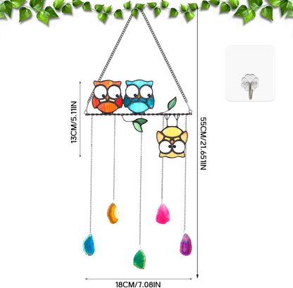 Stained Glass Multicolor Owl Suncatcher Panel with Agate Stones - Window Hanging Art for Garden & Indoor Decor - Vibrant Rainbow Maker Hummingbird Ornamentand Gift for Women and Bird Lovers