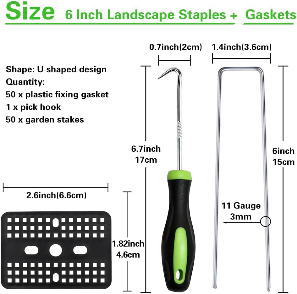 Bakulyor 50 Pcs Landscape Staples + 50 Pcs Gasket, 6 Inch Garden Stakes Staples 11 Gauge U Shaped Galvanized Lawn Landscape Pins, Heavy Duty Yard Ground Pin for Weed Barrier Sod Fabric Decorations