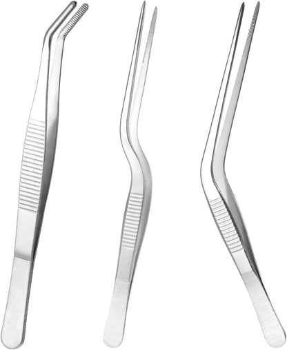 Garden Tweezers, 3 Pcs Stainless Steel Plant Tweezer Set Straight and Curved Precision Tweezers Multipurpose Bonsai Tools for Garden, Kitchen, Indoors and Outdoors (6.22Inch / 6.3Inch / 6.4Inch)