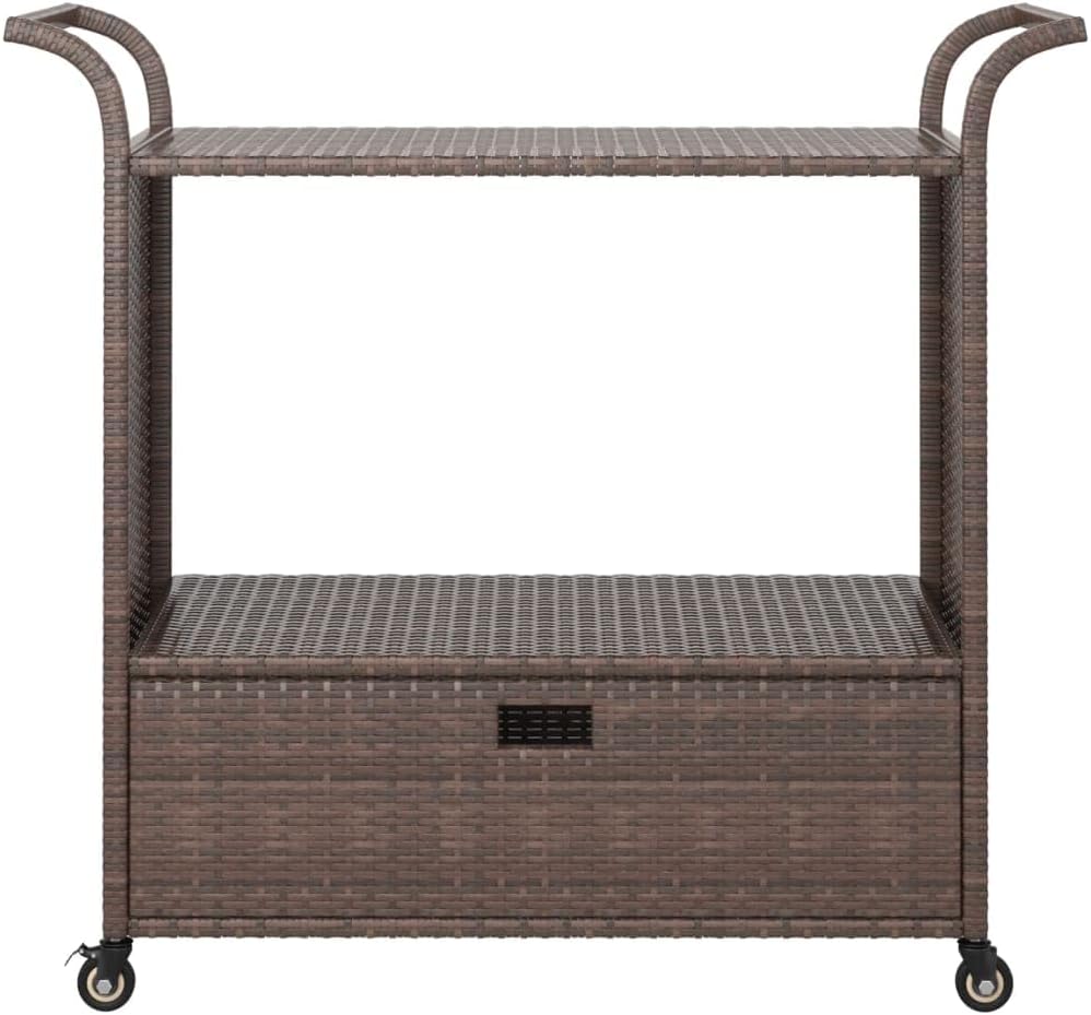 Outdoor Rolling Wicker Bar Cart with Drawer, Portable Bar Cart with Wheels, Patio Kitchen Island Cart for Pool Deck Backyard, Brown 39.4"x17.7"x38.2" Poly Rattan -459