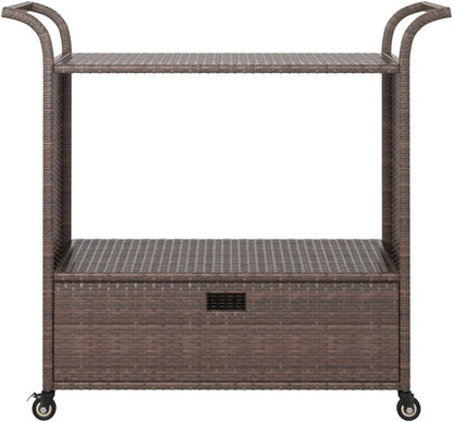 Outdoor Rolling Wicker Bar Cart with Drawer, Portable Bar Cart with Wheels, Patio Kitchen Island Cart for Pool Deck Backyard, Brown 39.4"x17.7"x38.2" Poly Rattan -459