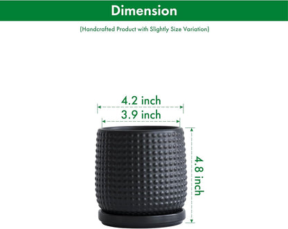 D'vine Dev 4 Inch Ceramic Beaded Stoneware Planter Pot - Flower Pot with Drainage Holes and Saucers for Indoor Succulent Plants or Flowers, Ebony Matte, 27-C-Z-6