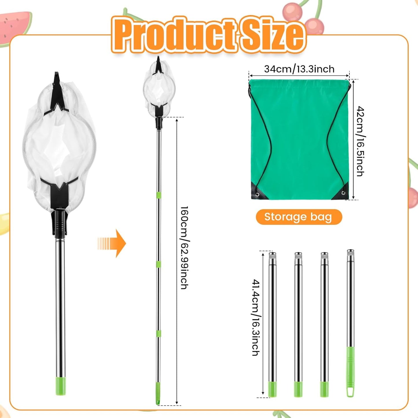 Fruit Picker Pole 5 FT Adjustable Pole with Soft Bag Fruit Catcher Equipment Tree Picker with Fruit Storage Bag for Apples Mango Pear Orange Avocados Fruit Picking(1.6 m/5.25ft)