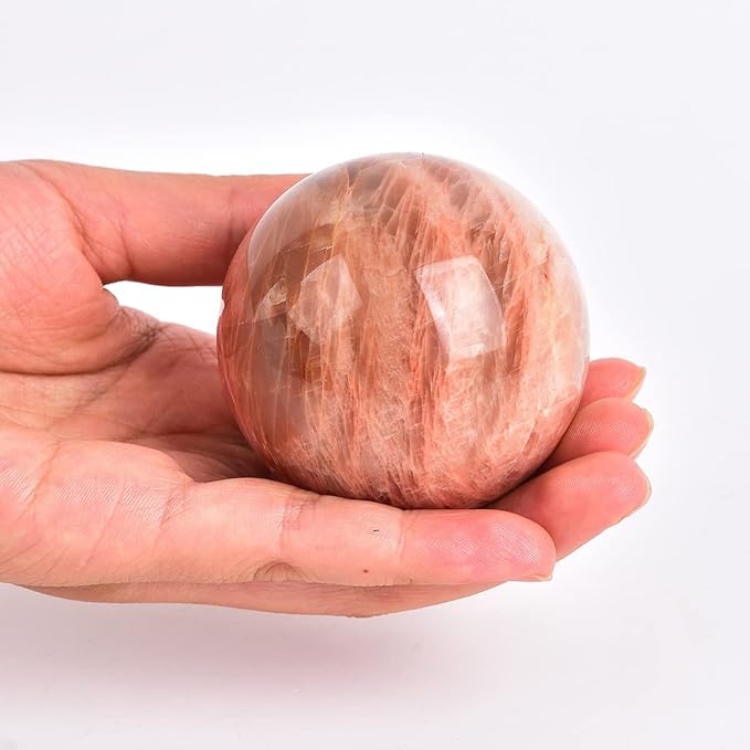 JIC Gem Orange Moonstone Crystal Ball Healing Crystals Sphere with Decorative Wooden Stand 2-2.3 inch (50-60mm)