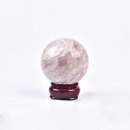JIC Gem Pink Agate Crystal Ball with Wooden Stand Pink Healing Crystal Sphere Ball for Feng Shui Decor Spiritual Gifts 60-70mm