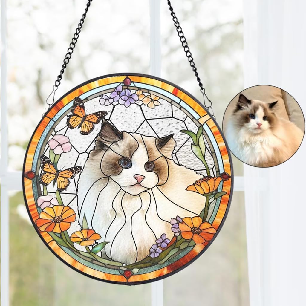 Custom Cat Portrait Stained Glass Window Hanging Light Catcher, Pet Memorial Stained Glass Photo, Cat Memorial Gift Pet Loss Gift
