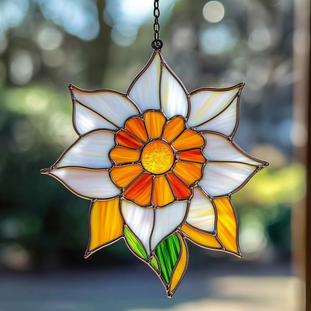 Narcissus Mosaic Style Acrylic Suncatcher Stained Glass Effect Window Car Hanging Christmas Ornament Indoor Outdoor Decor Garden Sun Catcher Panel for Floral Lover for Women Mom Grandma