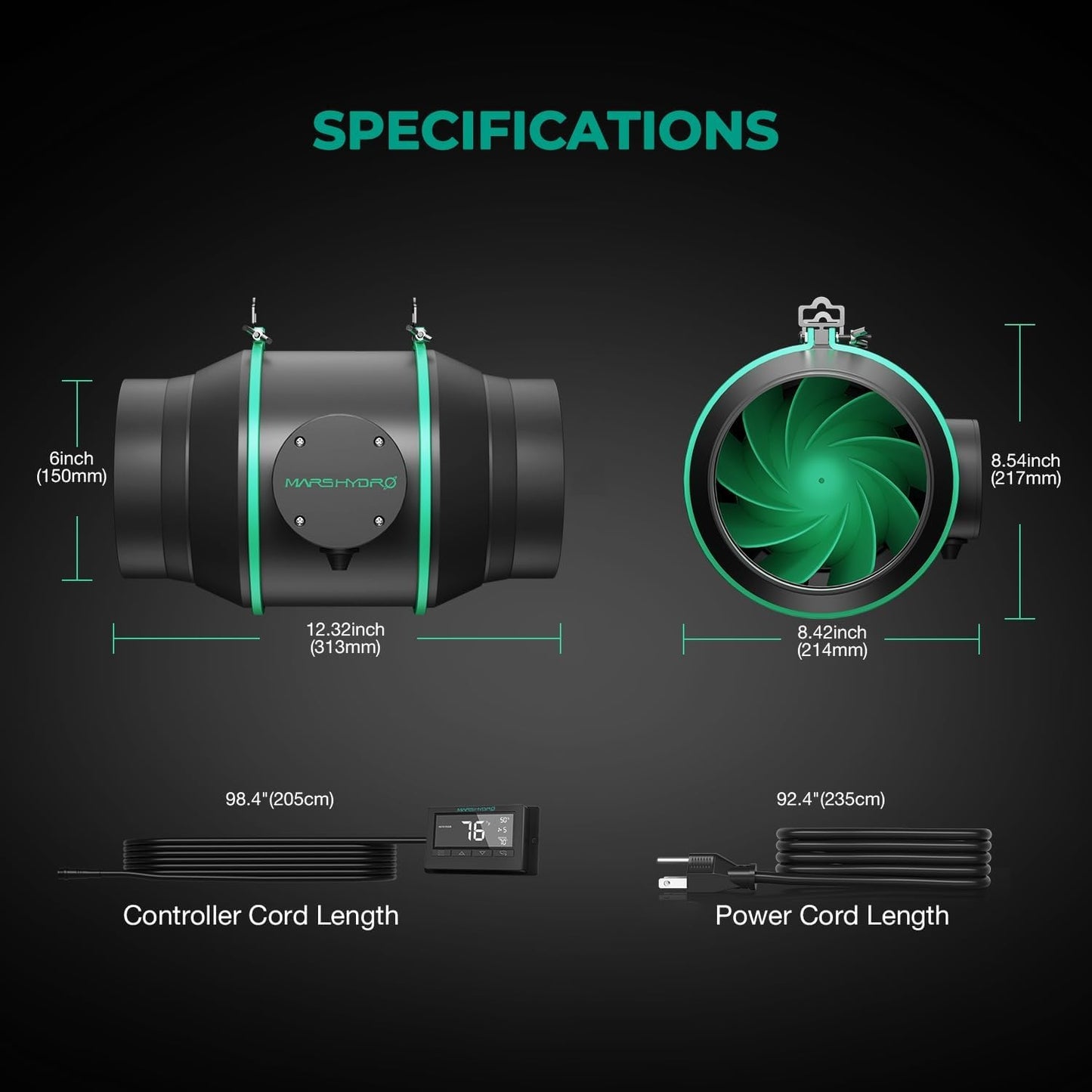 MARS HYDRO 6 Inch Inline Duct Fan with Temp Controller, Exhaust Fan for Grow Tents, Hydroponics
