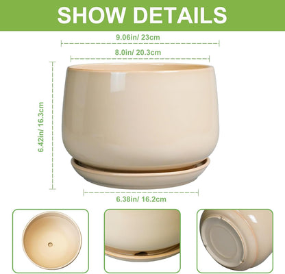 G EPGardening Ceramic Plant Pots - 9 Inch Round Planter, Ceramic Flower Pots with Drainage and Saucer, Modern Indoor Outdoor Planter, Room Decor, Home Gifts, Beige