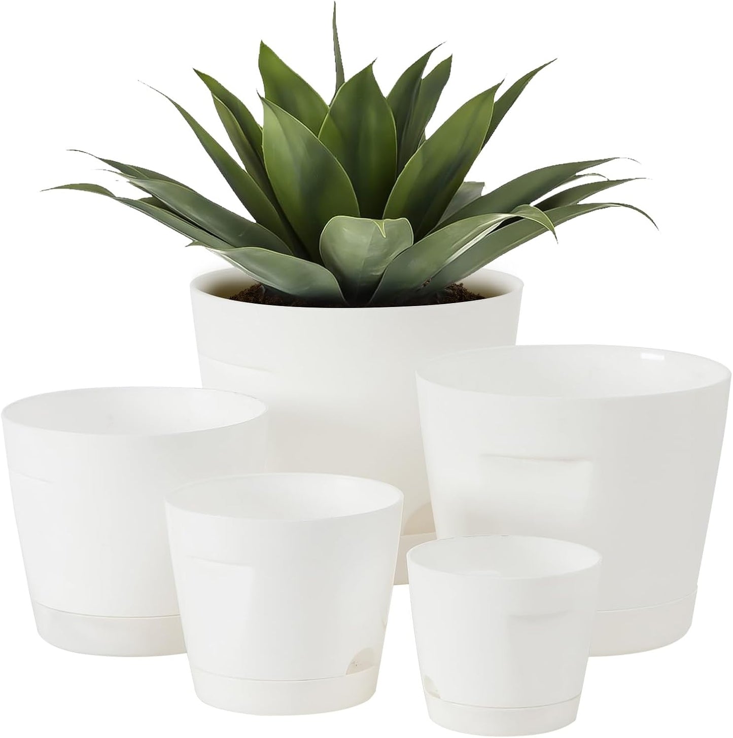 5 Pack Plastic Planters with Drainage, Self Watering Pots for Indoor Plants, Small Cute Plastic Pots in 5 Sizes, Ideal for Indoor Plants (White)