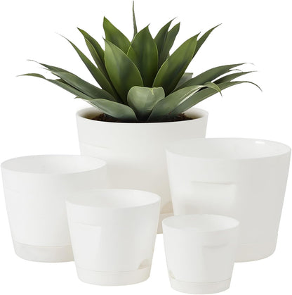 5 Pack Plastic Planters with Drainage, Self Watering Pots for Indoor Plants, Small Cute Plastic Pots in 5 Sizes, Ideal for Indoor Plants (White)