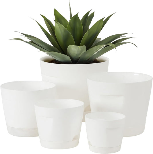 5 Pack Plastic Planters with Drainage, Self Watering Pots for Indoor Plants, Small Cute Plastic Pots in 5 Sizes, Ideal for Indoor Plants (White)