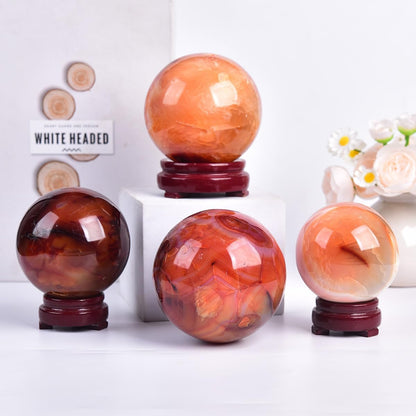 JIC Gem Madagascar Red Agate Crystal Ball Round Healing Crystals Decorative Sphere with Wooden Stand Meditation Home Decor 2.3-2.7 inch (60-70mm)