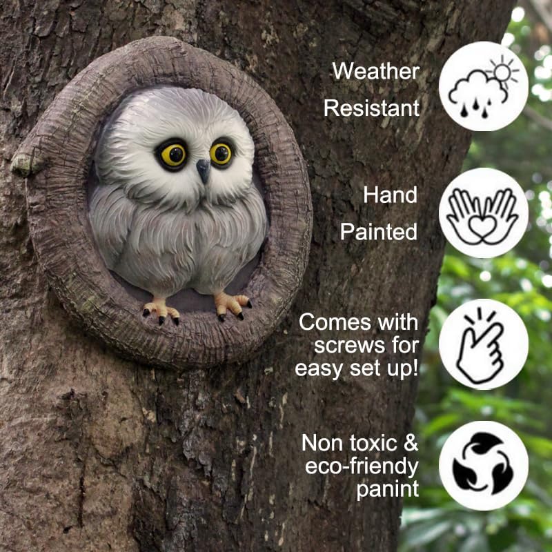 Baby Owl Resin Tree Faces, Whimsical Halloween Decorations Outdoor Owl Hugger Sculpture, Garden Ornament for Yard Lawn Patio Porch, Tree Decor Unique Garden Gift, Durable Waterproof Resin Statue