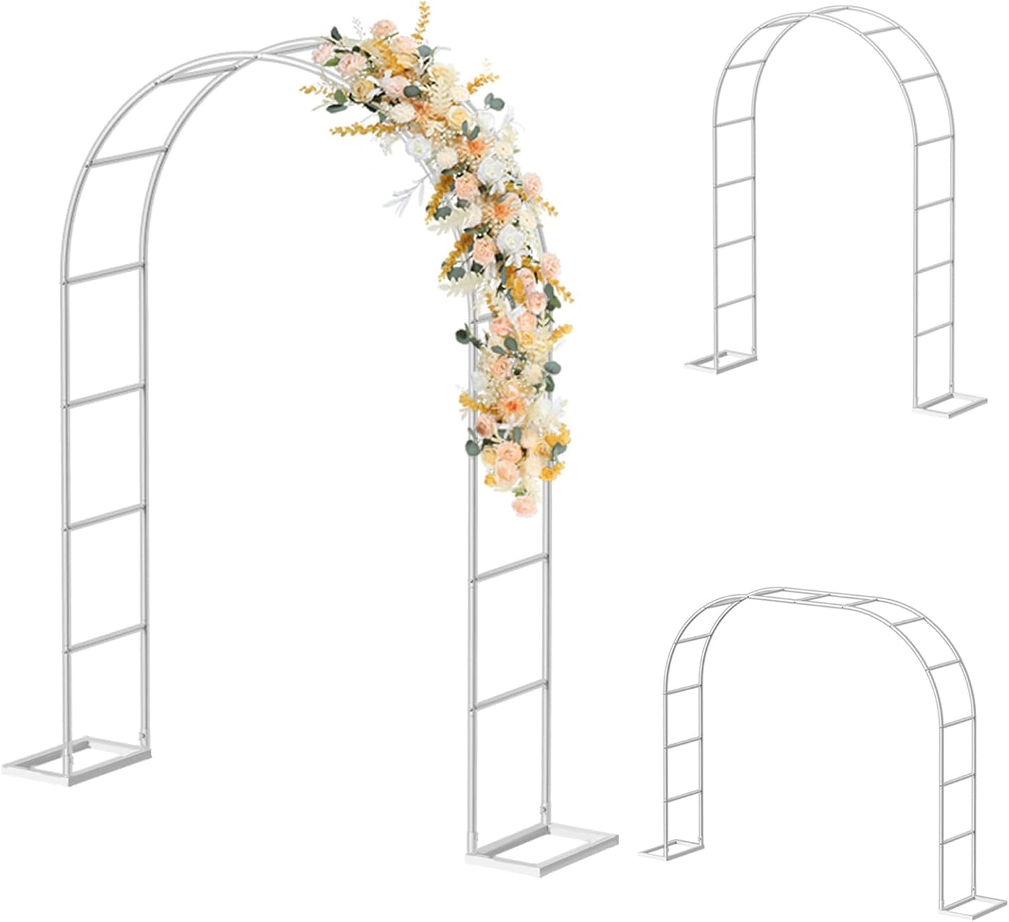 HEOMU Garden Arch Trellis, Metal Garden Arbor with Base, 5.3'W x 7.6'H or 7.9'W x 6.3'H, Assemble Freely 2 Sizes, Arch Trellis for Climbing Plants Outdoor Wedding Bridal Party Decoration, White