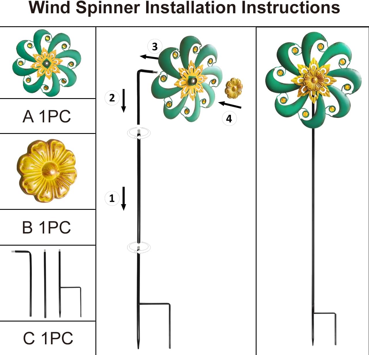 Flower Outdoor Metal Wind Spinner, Single-Layer Kinetic Garden Art with Vibrant Green Finish - Weatherproof Wind Sculpture for Lawn, Patio, Yard Decor - 10''W x 36''H