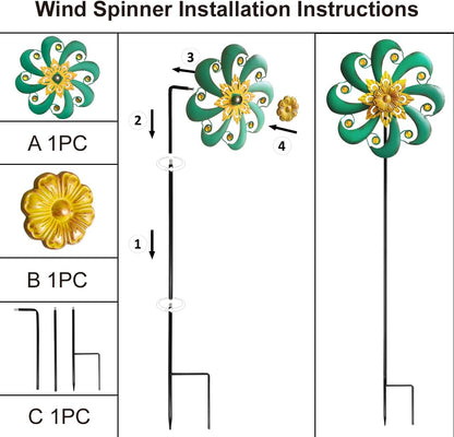 Flower Outdoor Metal Wind Spinner, Single-Layer Kinetic Garden Art with Vibrant Green Finish - Weatherproof Wind Sculpture for Lawn, Patio, Yard Decor - 10''W x 36''H