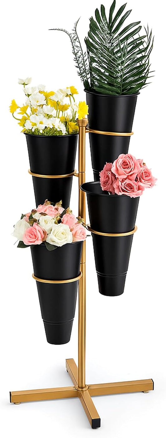 Flower Display Stand with 4 Plastic Buckets, Rotatable Metal Flower Stand Gold Plant Stands 4 Tier Florist Shelf Plant Cart for Patio Garden Living Room Indoor Outdoor Home Decoration (Black)