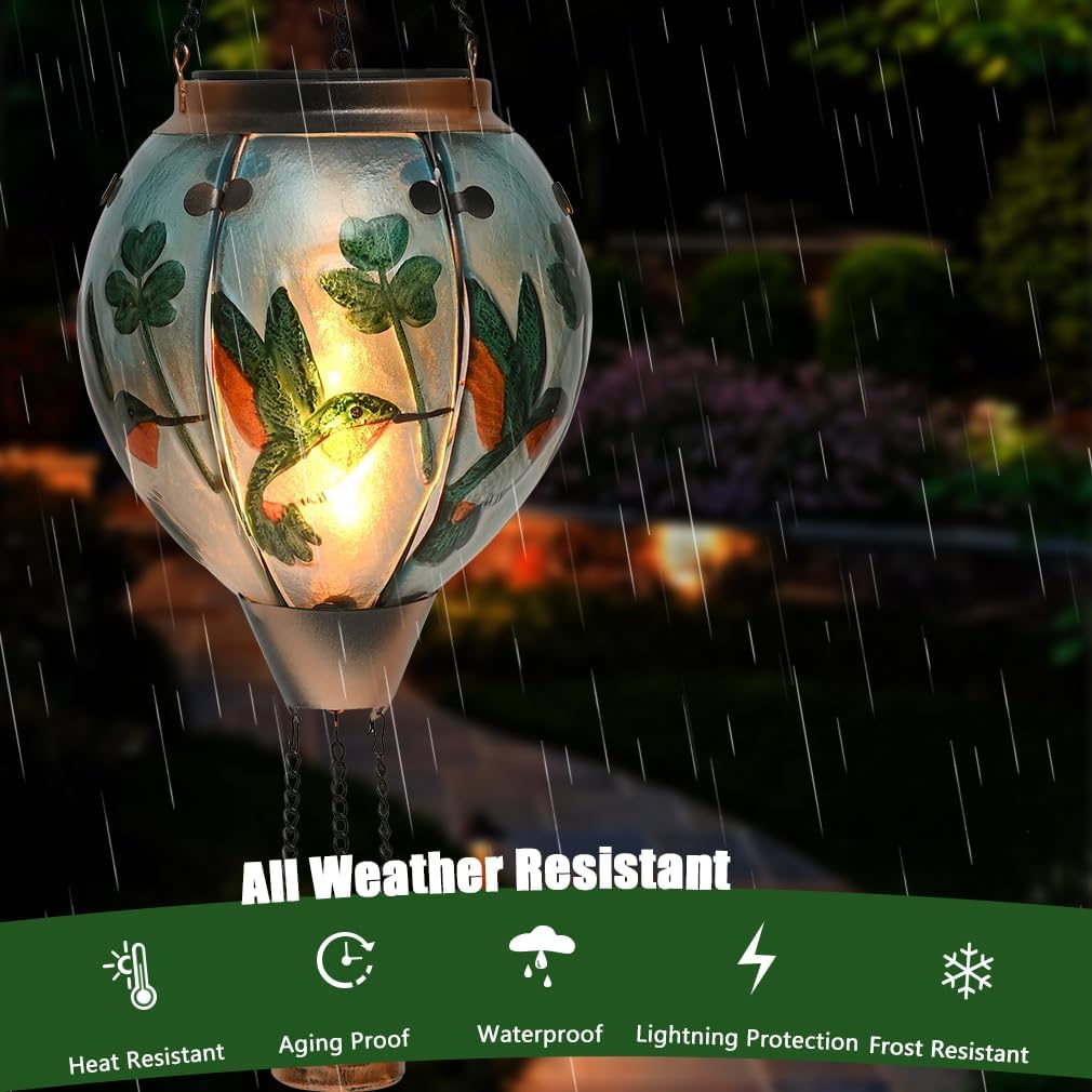 Hot Air Balloon Solar Lantern - Hummingbird Glass Lantern, Simulated Flickering & Dancing Flame, Outdoor Hanging Shamrock Yard Light Waterproof IP65 for Patio Lawn Porch Decor Irish Gift