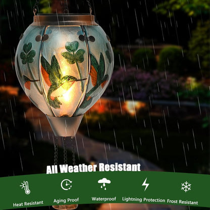 Hot Air Balloon Solar Lantern - Hummingbird Glass Lantern, Simulated Flickering & Dancing Flame, Outdoor Hanging Shamrock Yard Light Waterproof IP65 for Patio Lawn Porch Decor Irish Gift