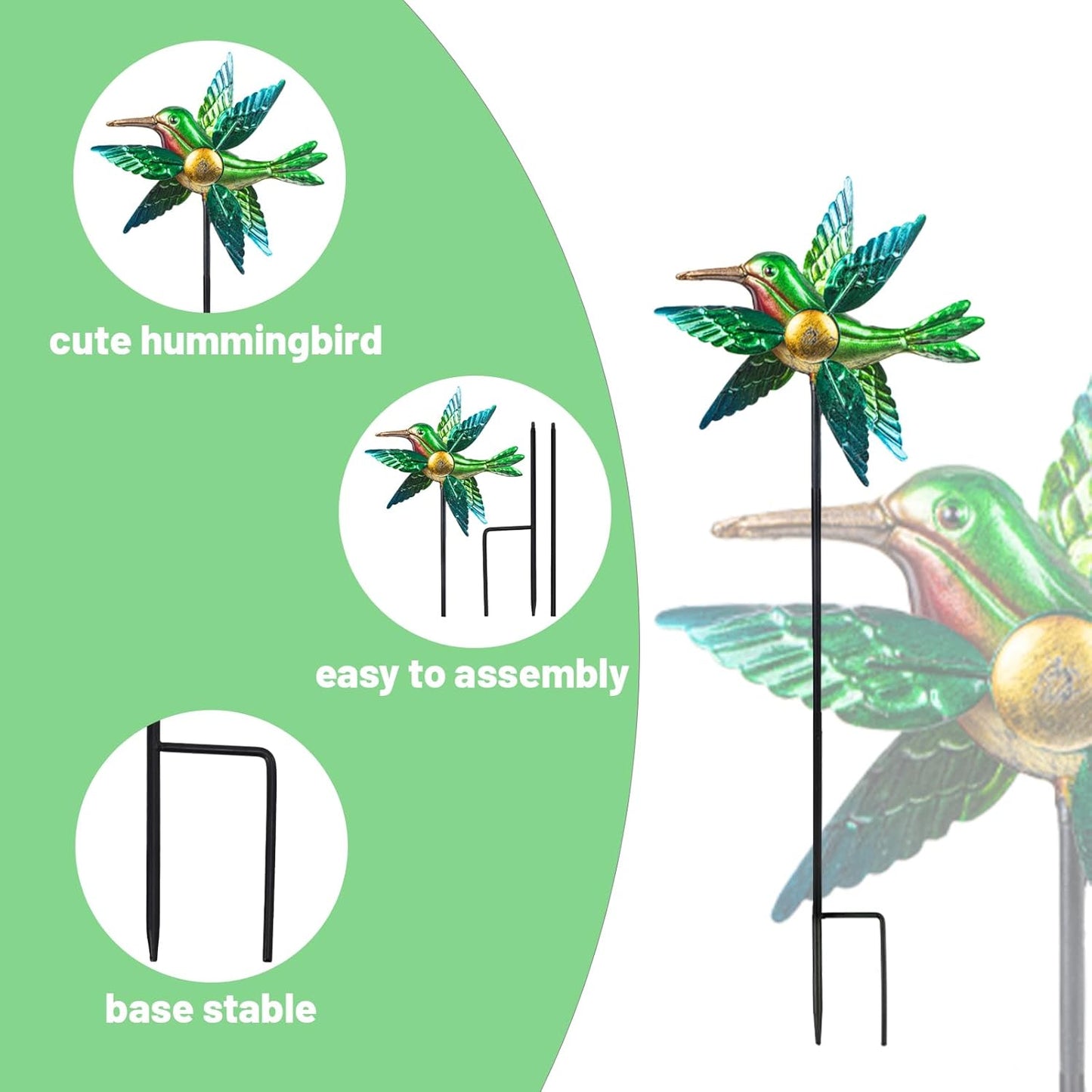 WONDER GARDEN Wind Spinners Outdoor - 2 Pack Small Metal Hummingbird Green Wind Spinner Windmill, Wind Sculpture for Yard Patio Lawn Decor