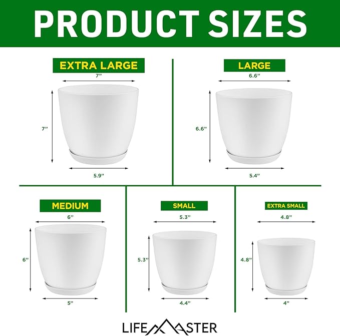 Eco Friendly Plant Pot Set - 10-Pack Home Decor Flower Indoor and Outdoor Plastic Pots with Drainage Holes, Assorted Sizes (7", 6.6", 6", 5.3", 4.8") - Stackable Garden Versatile Planters
