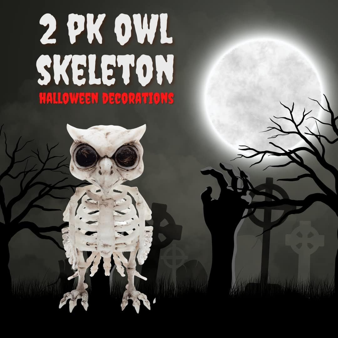 SCS Direct Owl Skeleton Halloween Decoration (2 Pack) - 6.5" Long - Weather Resistant for