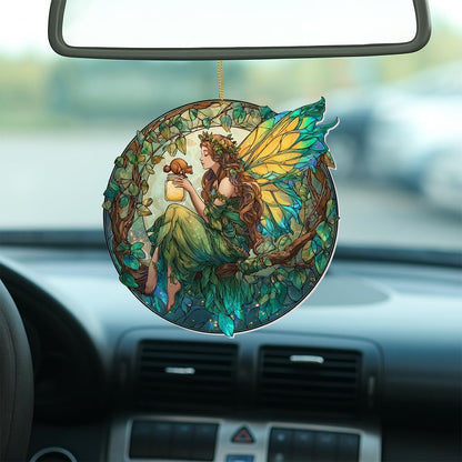 Fairy Ornament Acrylic Suncatcher – Enchanted Forest Fairy Sitting in Circle with Squirrel, Stained Glass Style Window Hanging Decor, Christmas Ornament Gift for Women, Fantasy Home Decor, (Sun-34)