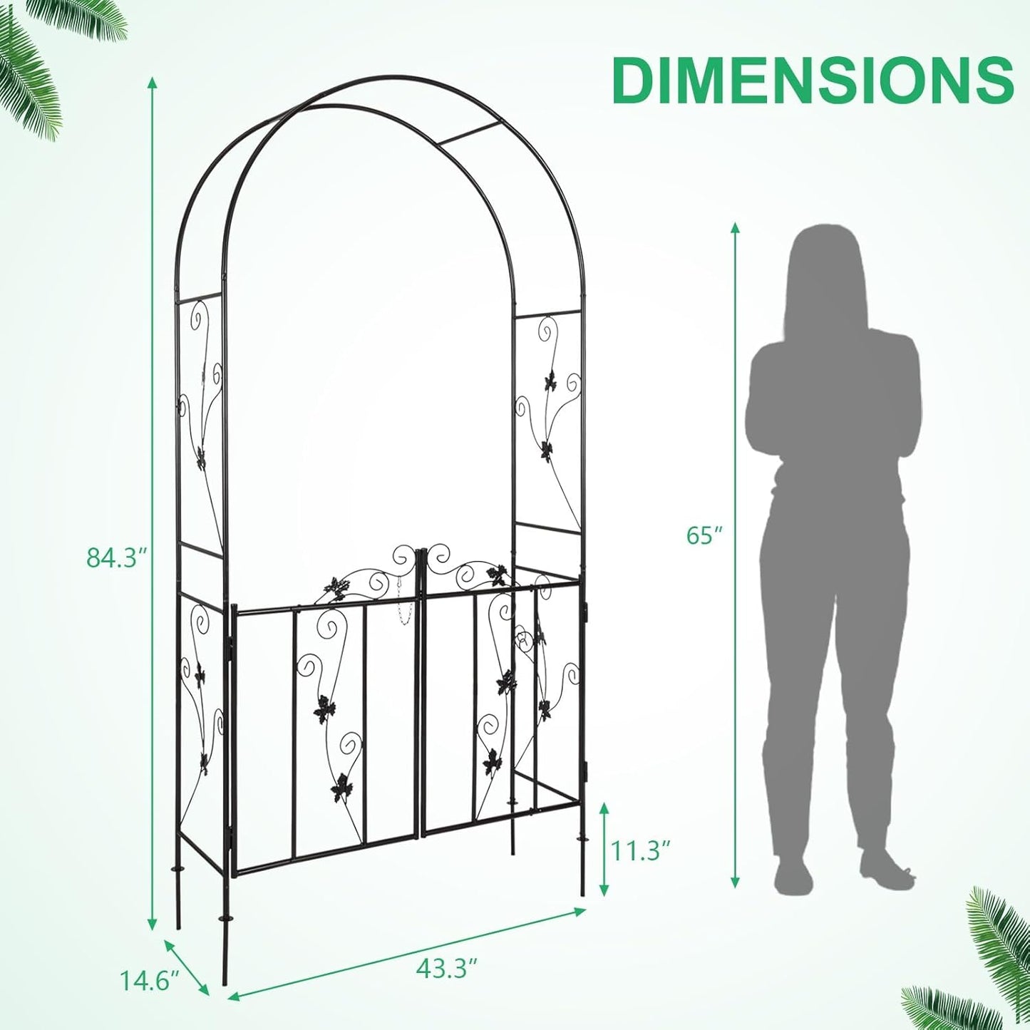 JSUN7 Metal Garden Arch with Gate - Garden Arbor with Gate, Garden Arch Trellis for Outdoor Climbing Plants, Wedding Arch with Double Doors, 7'H X 3.6'W, Black