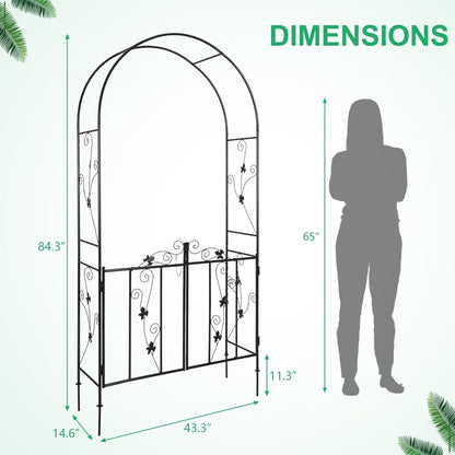 JSUN7 Metal Garden Arch with Gate - Garden Arbor with Gate, Garden Arch Trellis for Outdoor Climbing Plants, Wedding Arch with Double Doors, 7'H X 3.6'W, Black